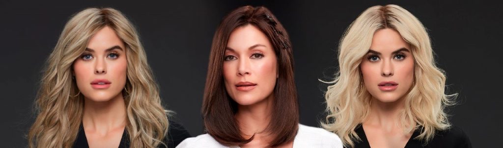 Three women with hair loss wearing various Jon Renau wig styles and colours