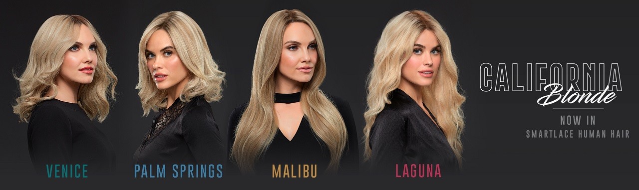 Various women wearing blonde hairpieces to cover thinning hair