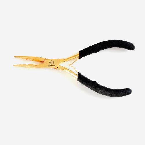 Black and gold pliers used to apply hand tied weft hair extensions